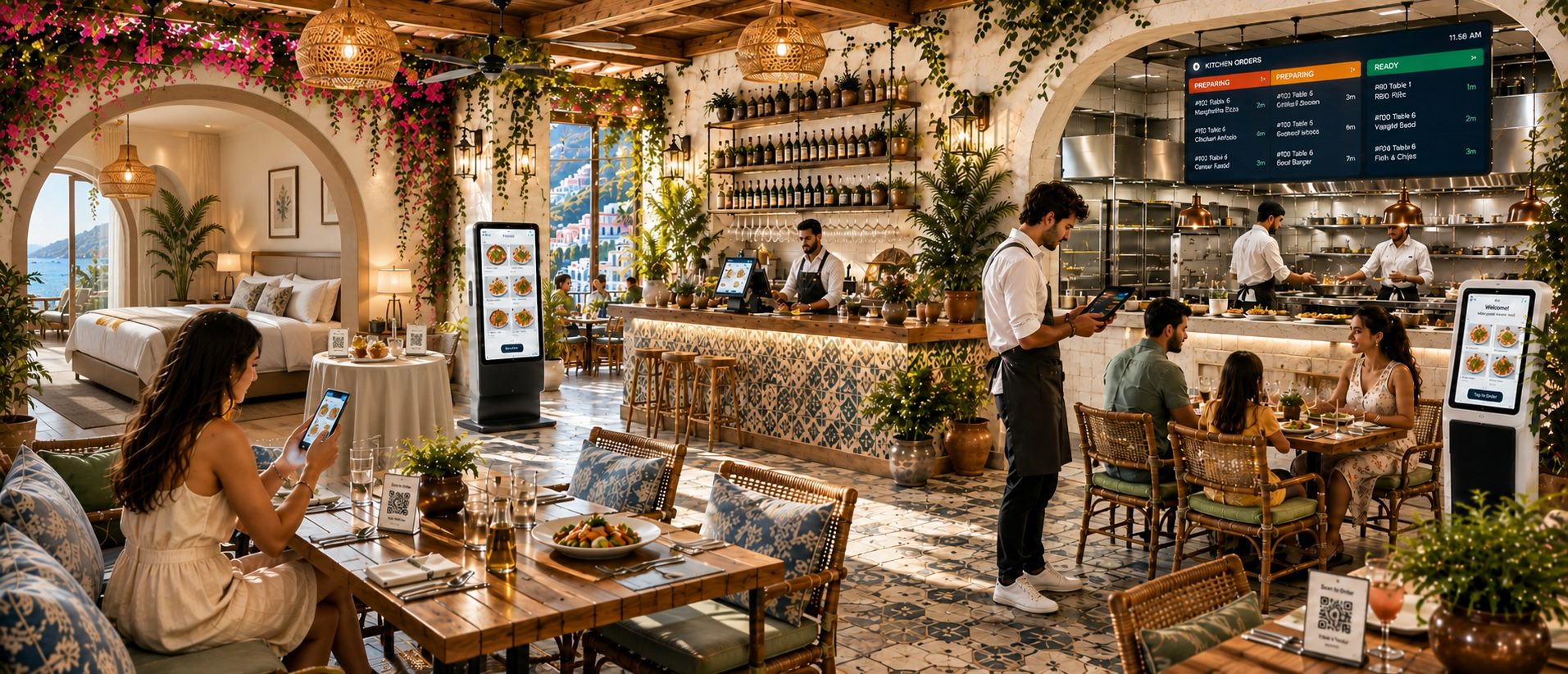 Restaurant operations hero showing table ordering, POS counters, kitchen displays, and guest service